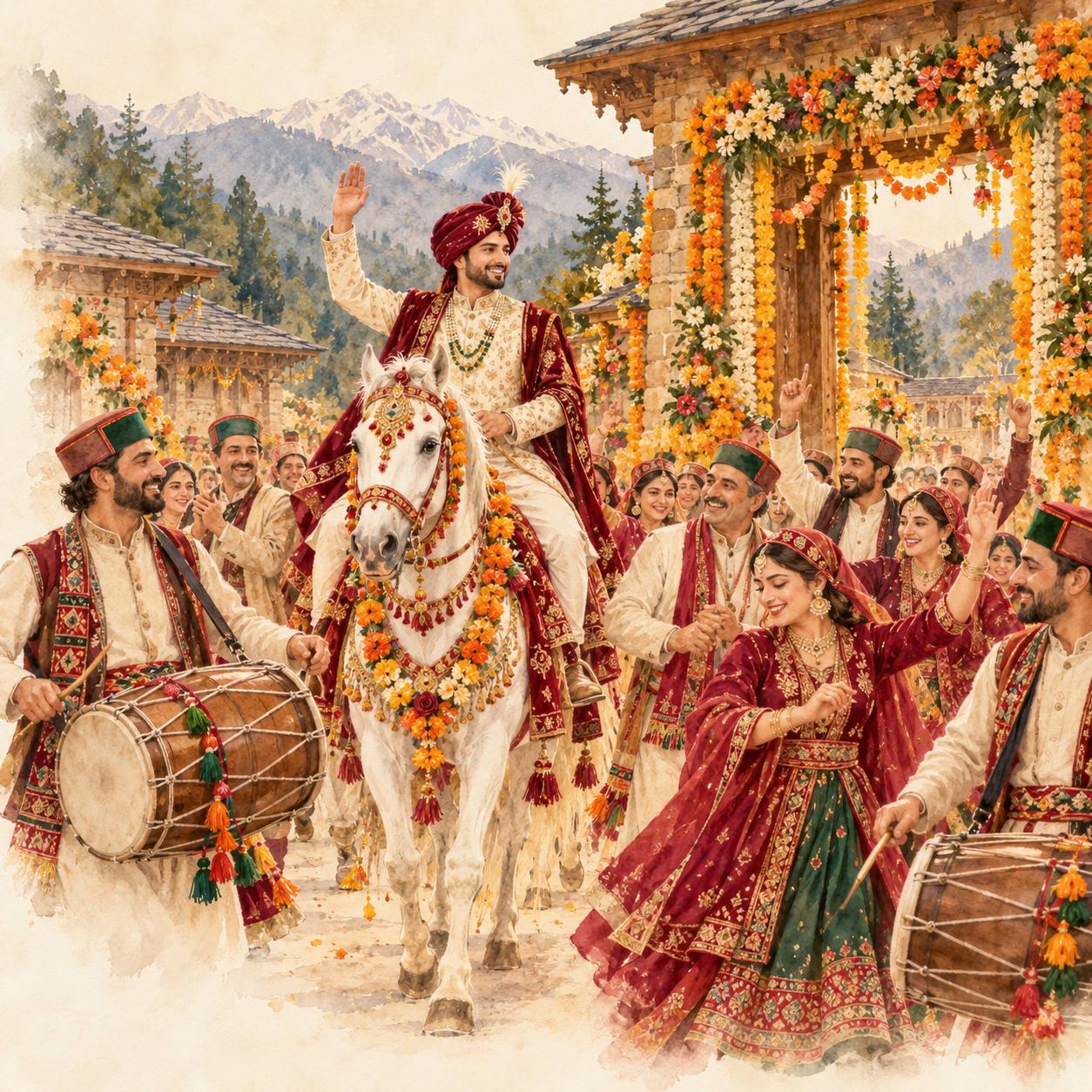 Watercolor illustration of Baraat Departure