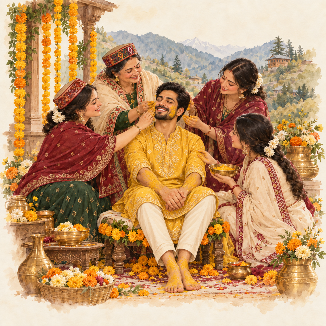Watercolor illustration of the groom’s Haldi ceremony