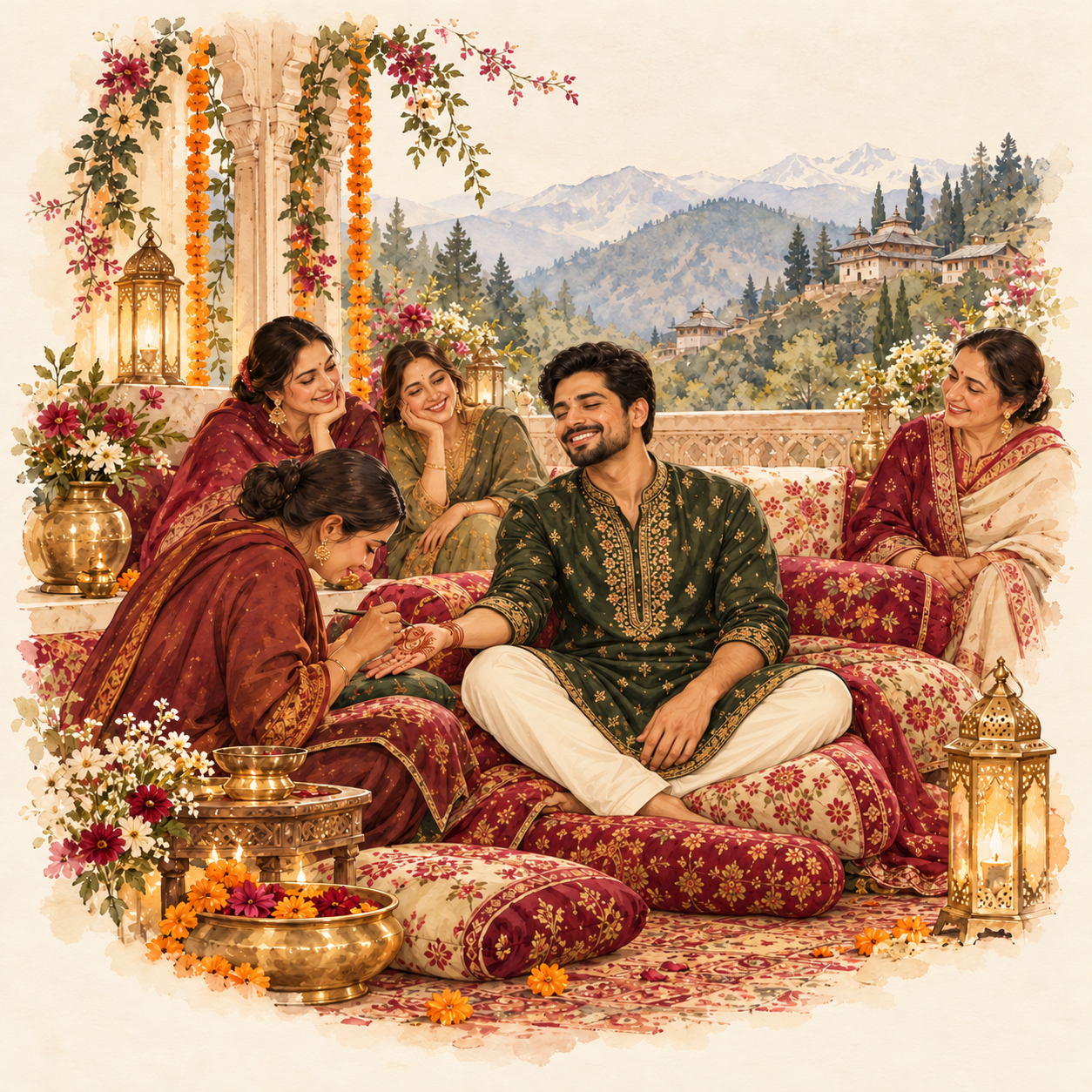 Watercolor illustration of the groom’s Mehndi ceremony