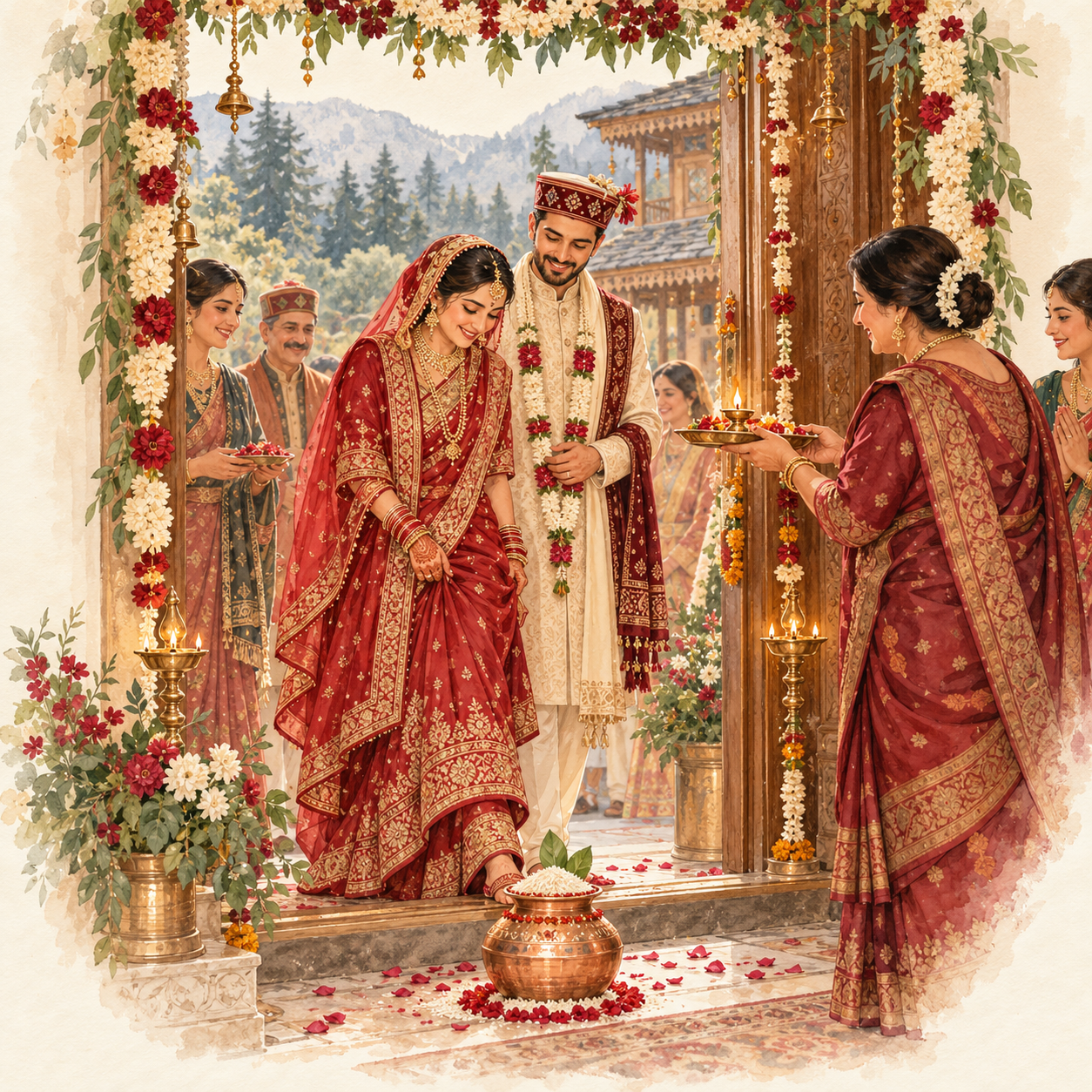 Watercolor illustration of Vadhu Pravesh